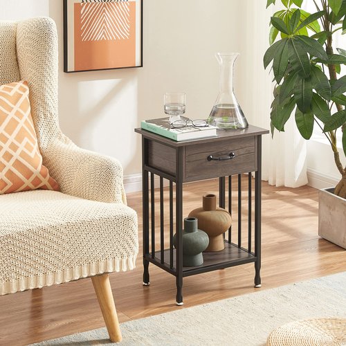 VECELO Nightstands, Industrial Side/End Tables with Drawer and Storage Shelf, Night Stands for Bedroom, Living Room, Wood Metal Furniture, Easy Assembly, 1 Pack, Grey