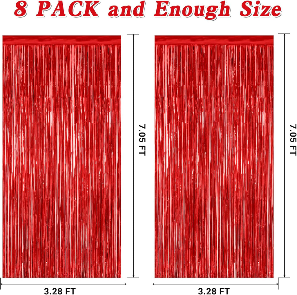 Red Backdrop by Party Essentials - 8 Pack Metallic Foil Fringe Curtains | 3.28 FT x 7.05 FT for Photo Booths & Parties