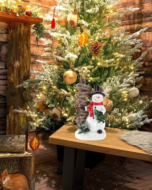 iStatue Merry Christmas Snowman Sign - Resin Tabletop Decoration with Mini Tree & Wooden Plaque | Holiday Home Decor Gift