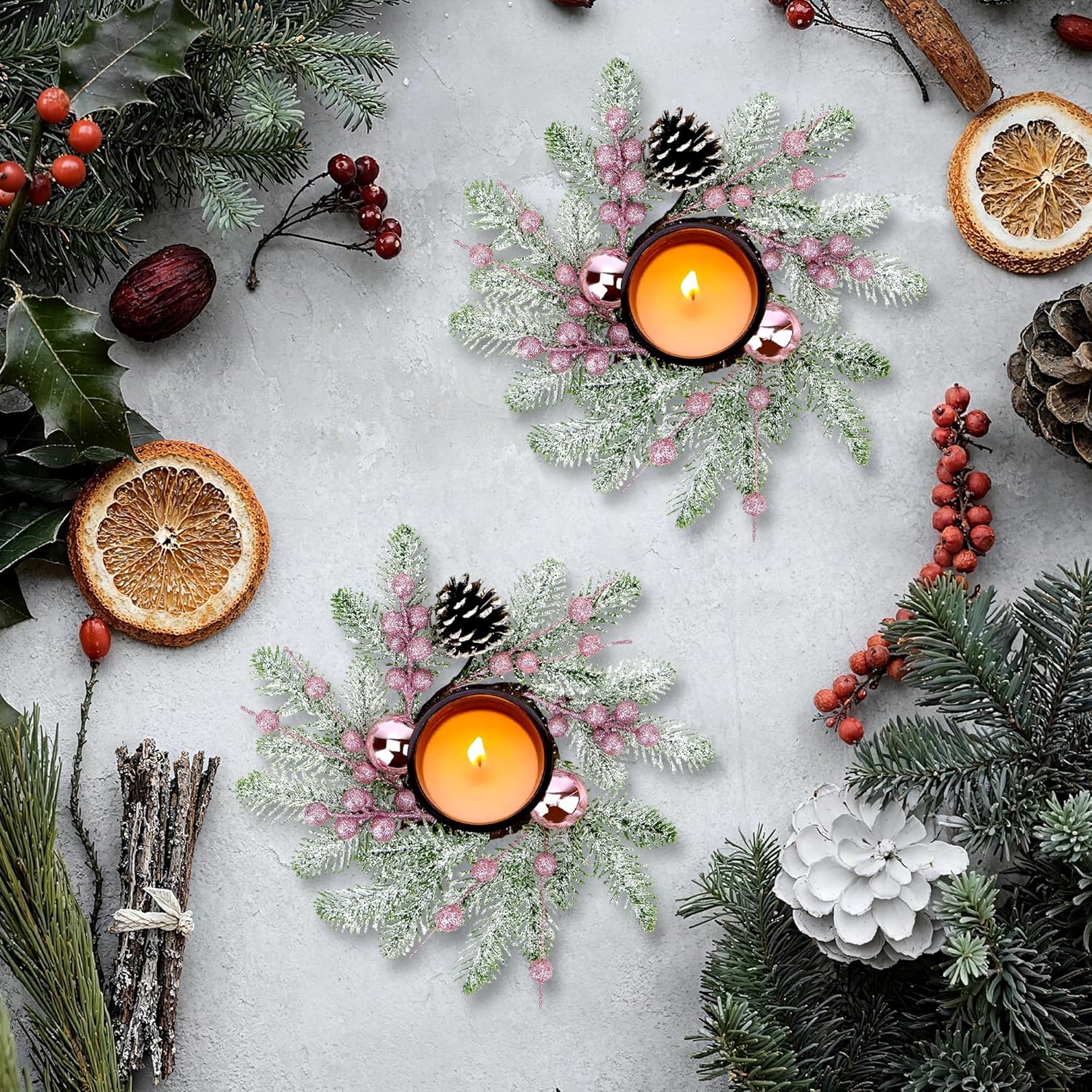Pink Christmas Candle Rings - 8-Inch Small Wreaths with Pine Cones, Berries & Pine Needles for Holiday Decor