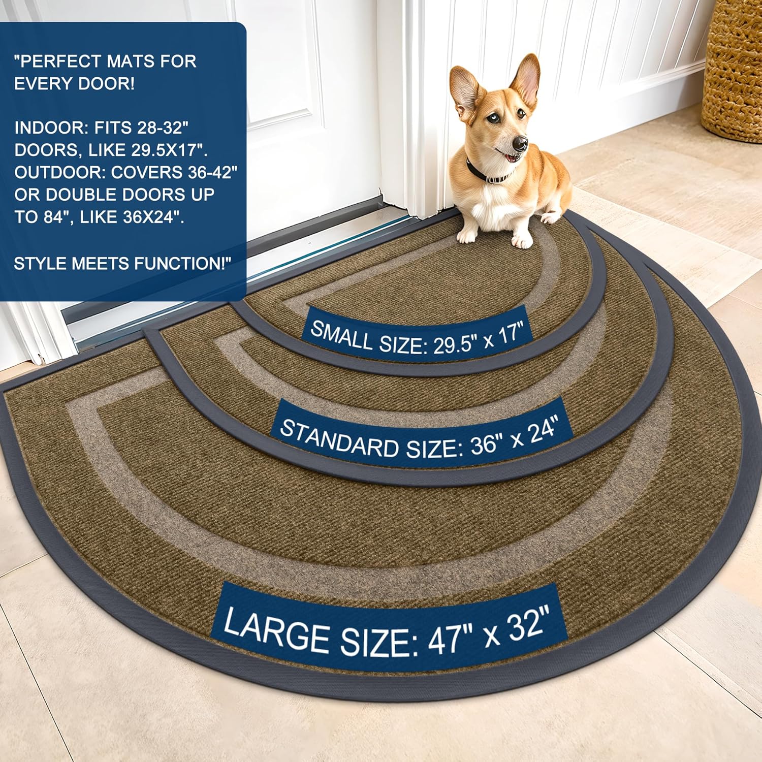 OLANLY Half Circle Door Mat - Waterproof All-Season Welcome Mat | Sturdy Natural Rubber, 29.5x17, Brown