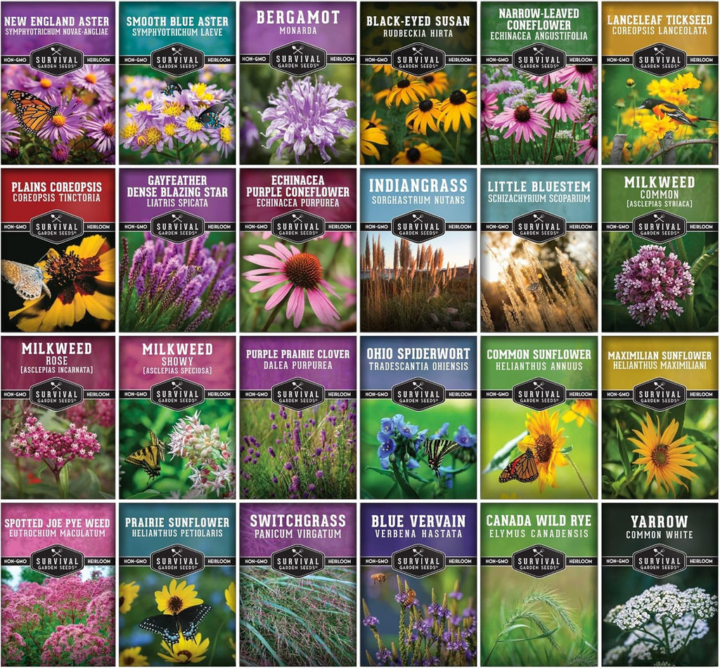Native Wildflower Seeds | 24 Variety Pack for Butterfly & Bee-Friendly Gardens - Non-GMO Heirloom