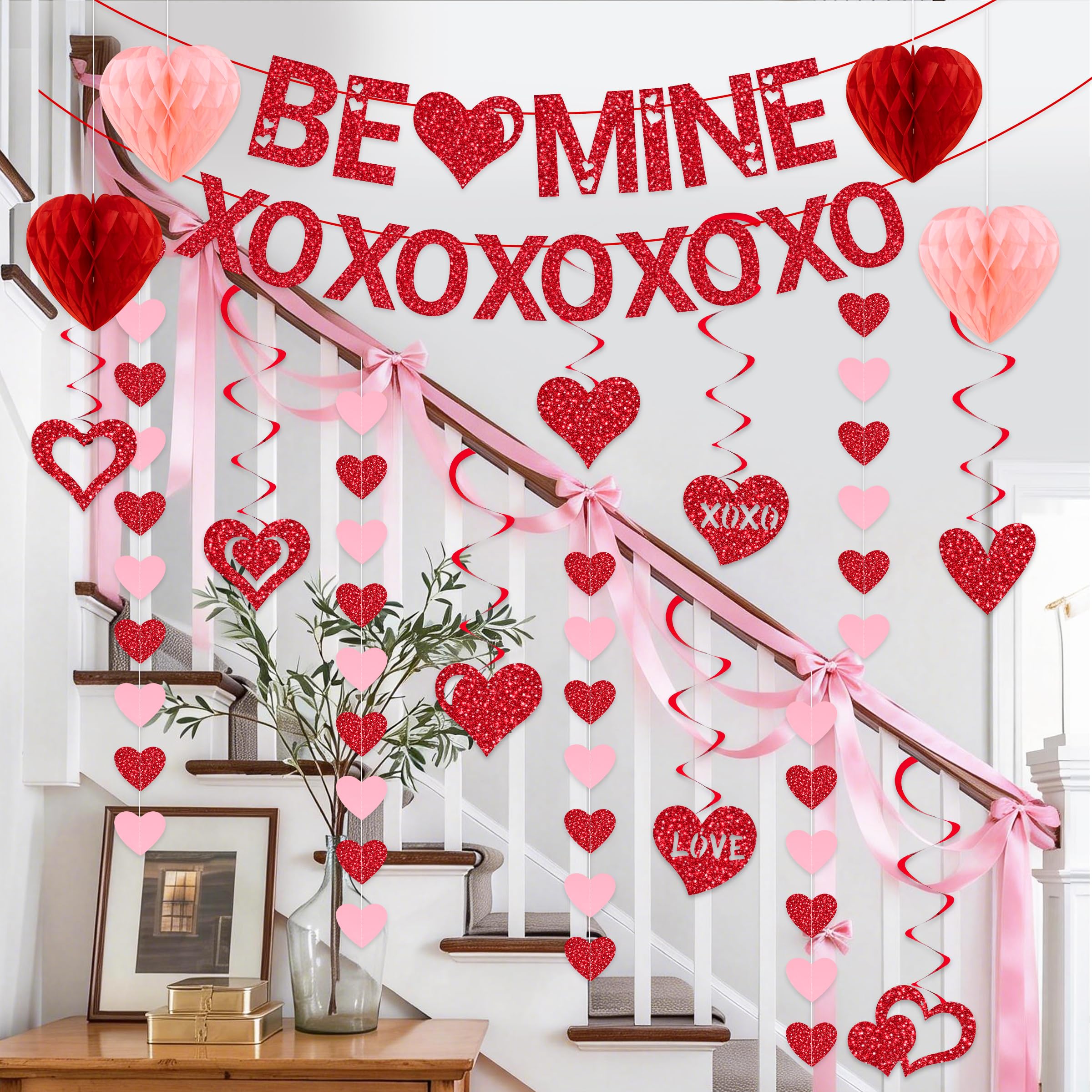 Pre-Strung Valentines Day Decorations, Red BE Mine XO Valentine's Banner,Heart Garlands & Hanging Swirls & Heart Honeycomb for Party Supplies, Valentines Decor Home Anniversary Wedding Bedroom