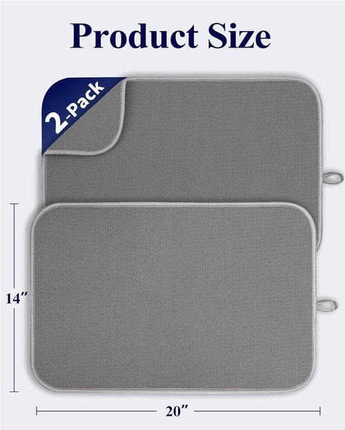 Kitsure Dish Drying Mat - Ultra Absorbent Microfiber Kitchen Counter Mat, 20" x 14", Dark Grey | 2-Pack