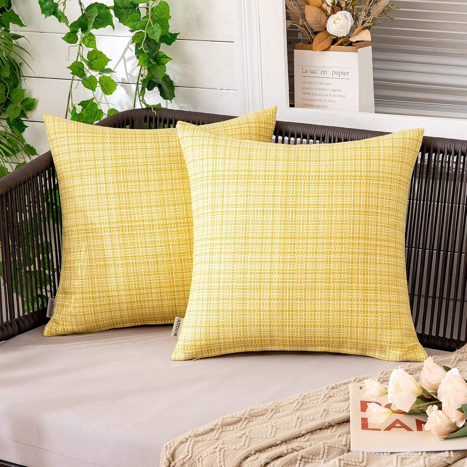 MIULEE Outdoor Waterproof Throw Pillow Covers - Decorative Farmhouse Cushion Covers, 12x12 Inch, Yellow | Pack of 2