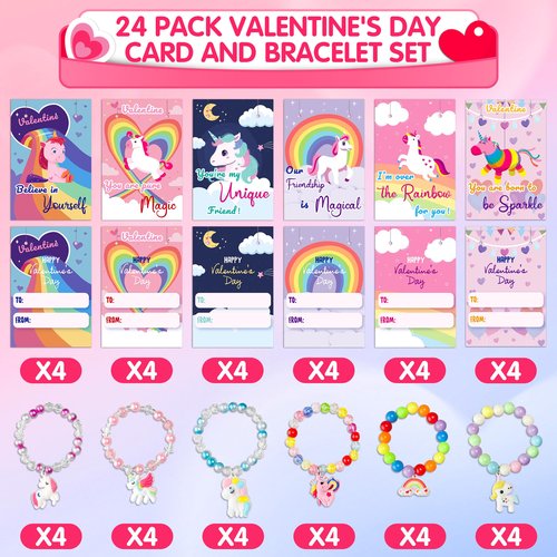 kortes Unicorn Valentines Day Cards for Kids Classroom, 24 Pack Valentines Gift Cards with Bead Bracelets, Valentine's Party Favors Toys for Girls and Valentine School Exchange Gifts Greeting Cards