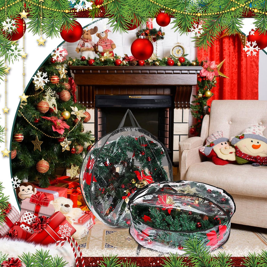 Shappy Christmas Wreath Storage Bag - 24-Inch Clear Container with Dual Zippers & Reinforced Handles | Black
