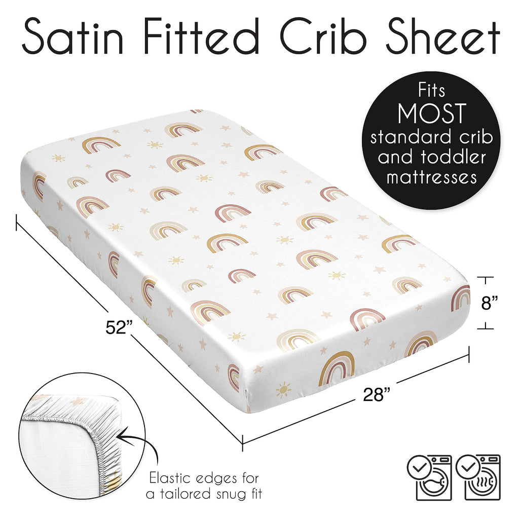 Sweet Jojo Designs Boho Rainbow Girl Baby Satin Fitted Crib Sheet Infant Newborn Nursery Toddler Bed Room Standard Mattress Blush Pink Yellow Bohemian Modern Neutral Vintage Rose Gold Beige Stars Sun