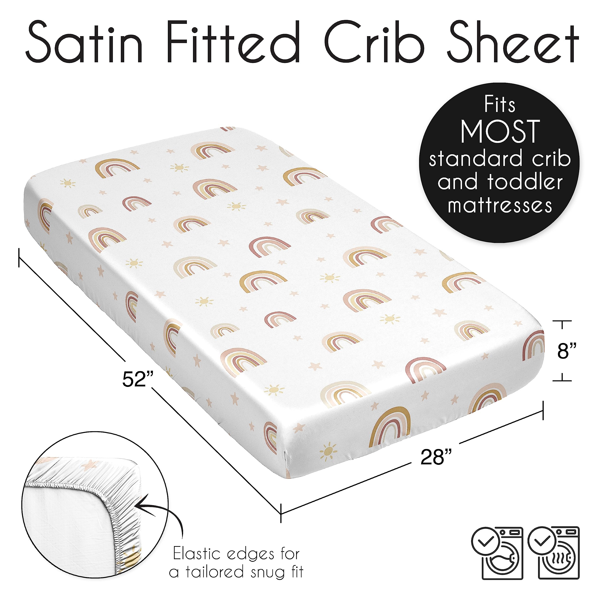 Sweet Jojo Designs Boho Rainbow Girl Baby Satin Fitted Crib Sheet Infant Newborn Nursery Toddler Bed Room Standard Mattress Blush Pink Yellow Bohemian Modern Neutral Vintage Rose Gold Beige Stars Sun