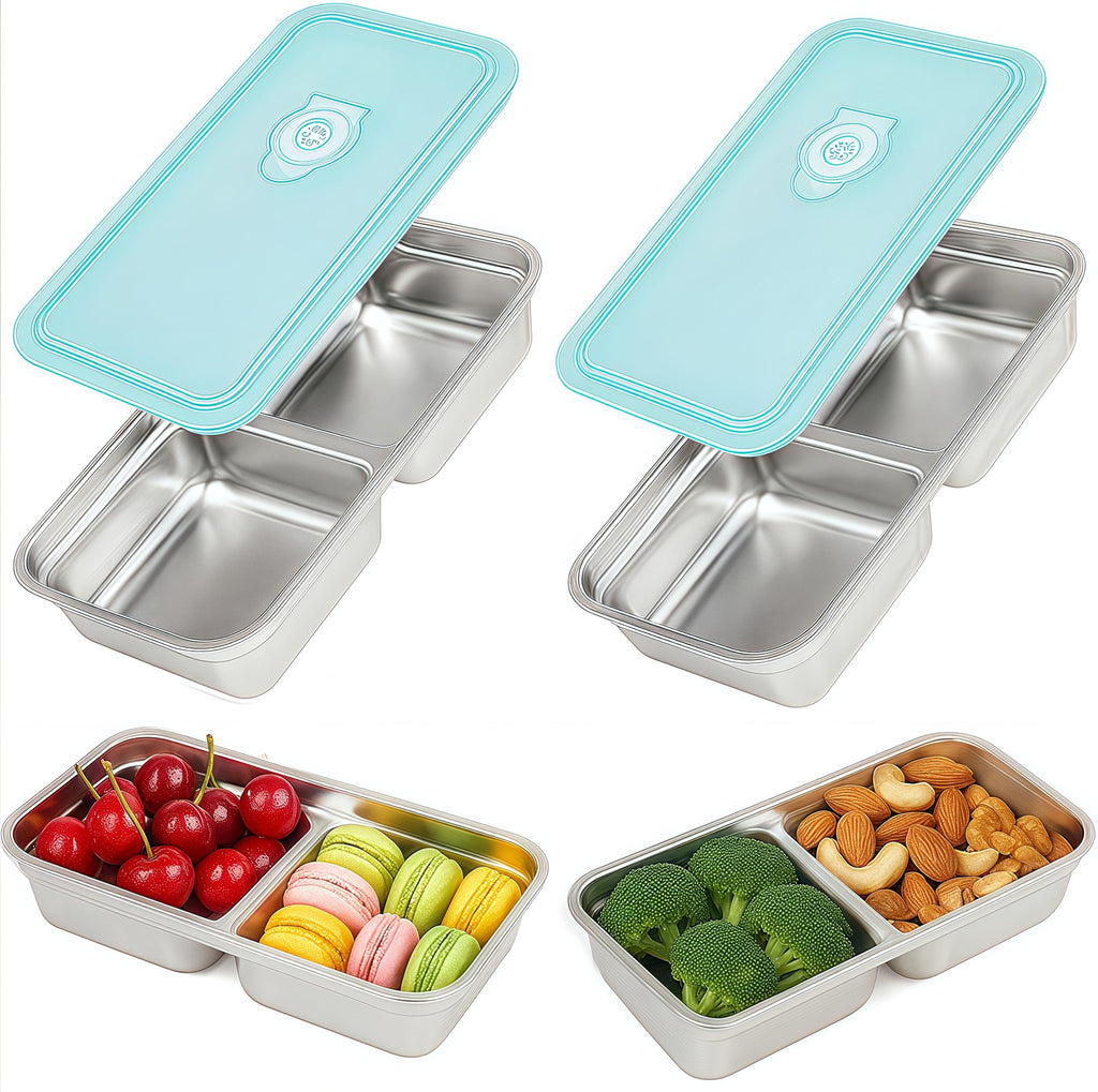 BSTUR 2Pcs 304 Stainless Steel Bento Boxes, 2 Compartments Portable Food Storage Containers Snack Boxes with Lids, Divided Meal Prep Lunch Box Food Container Dishwasher Safe