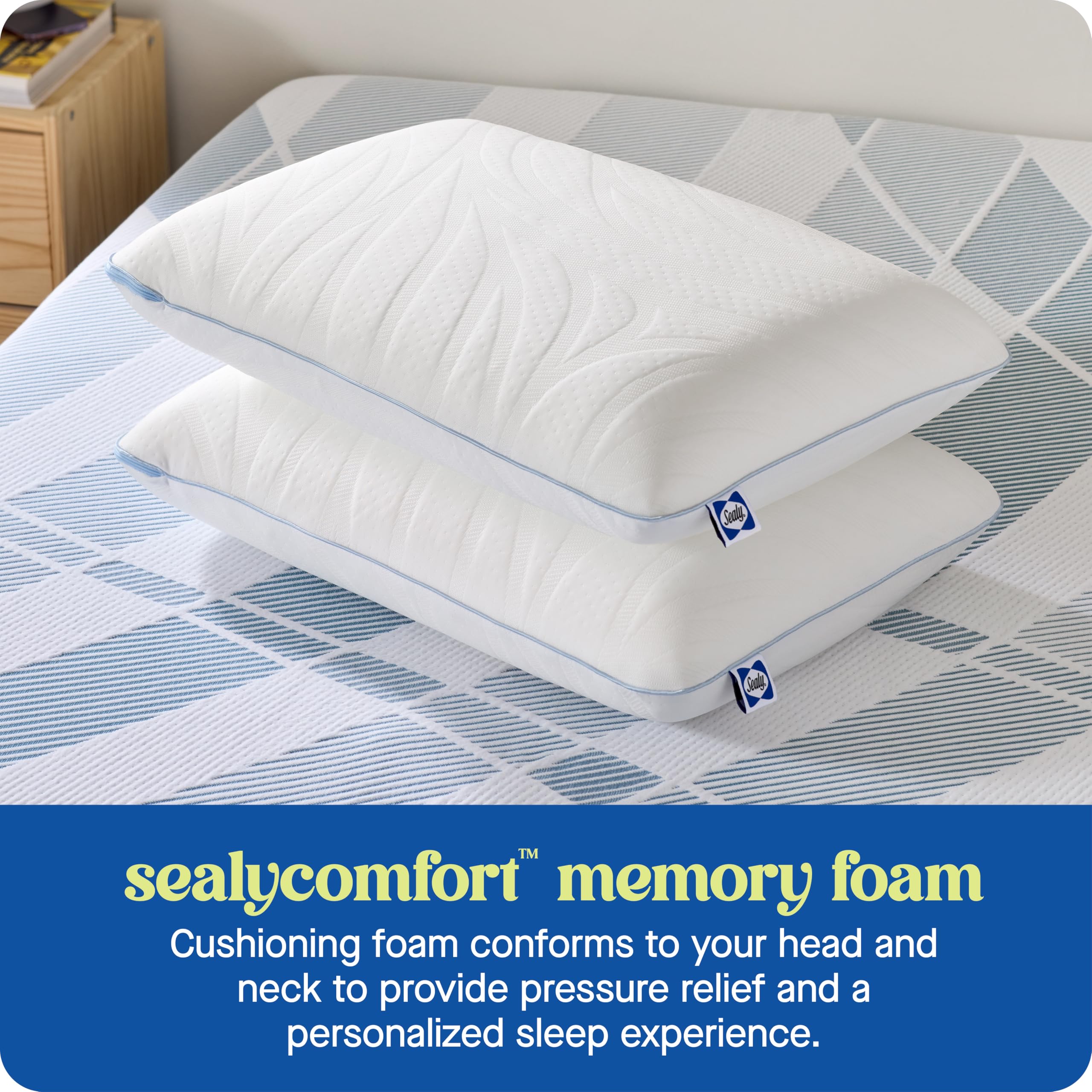 Sealy Dreamlife Queen Size Memory Foam Cooling Pillow with Surface Guard Technology, Removable Machine-Washable Cover, 1 Year Limited Warranty, White (2 Pack)