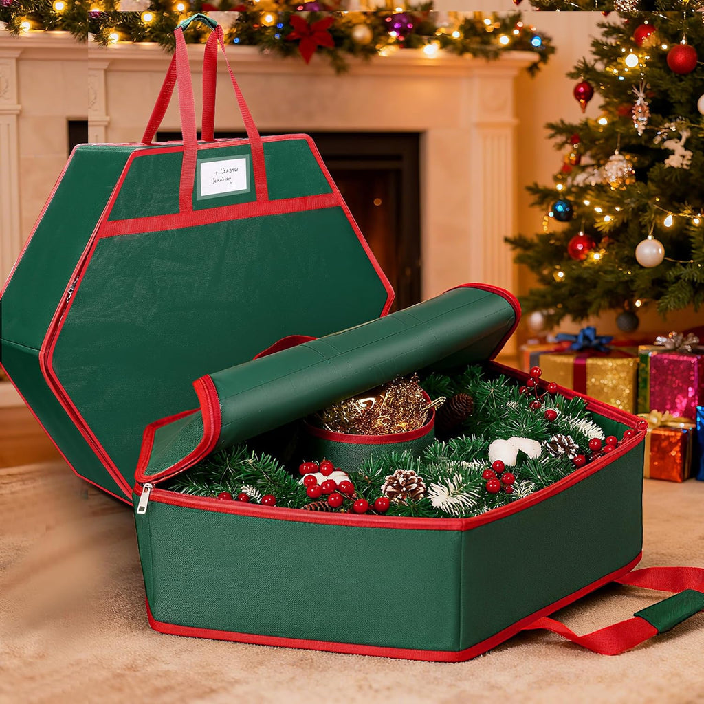 MUDEREK Christmas Wreath Storage Container - 24" Durable Hard Shell Organizer with Pockets & Dual Zipper
