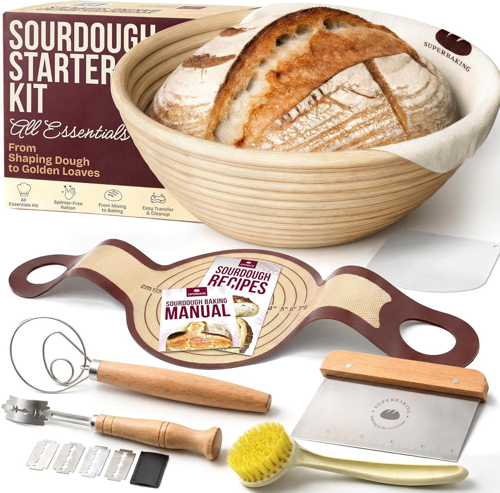 Superbaking Sourdough Starter Kit - 9" Round Banneton Bread Proofing Basket Set with Silicone Sling