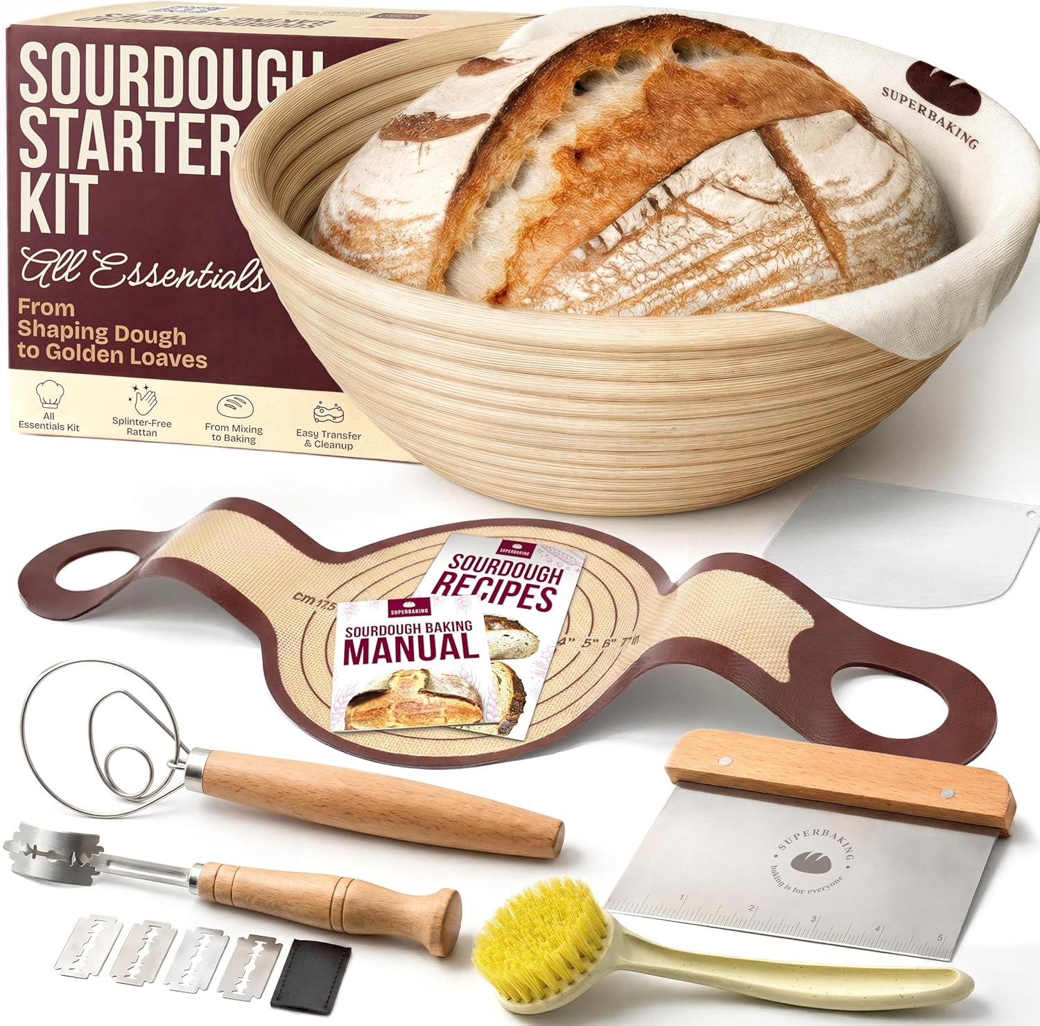 Superbaking Sourdough Starter Kit - 9" Round Banneton Bread Proofing Basket Set with Silicone Sling