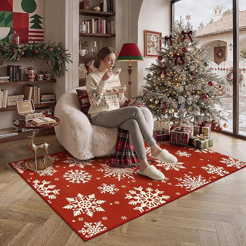 Snowflake Red 4x6 Area Rug – HUGEAR 4' x 6' Small Christmas Rug, Non-Slip Backing