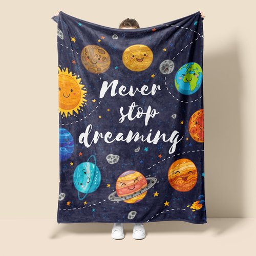 Space Blanket for Kids, Cute Outer Space Never Stop Dreaming Solar System Fuzzy Flannel Exploring Throw Blanket for Boys Girls Soft Cozy Plush Imagination Blanket for Couch Home Bedroom 50x40 inches