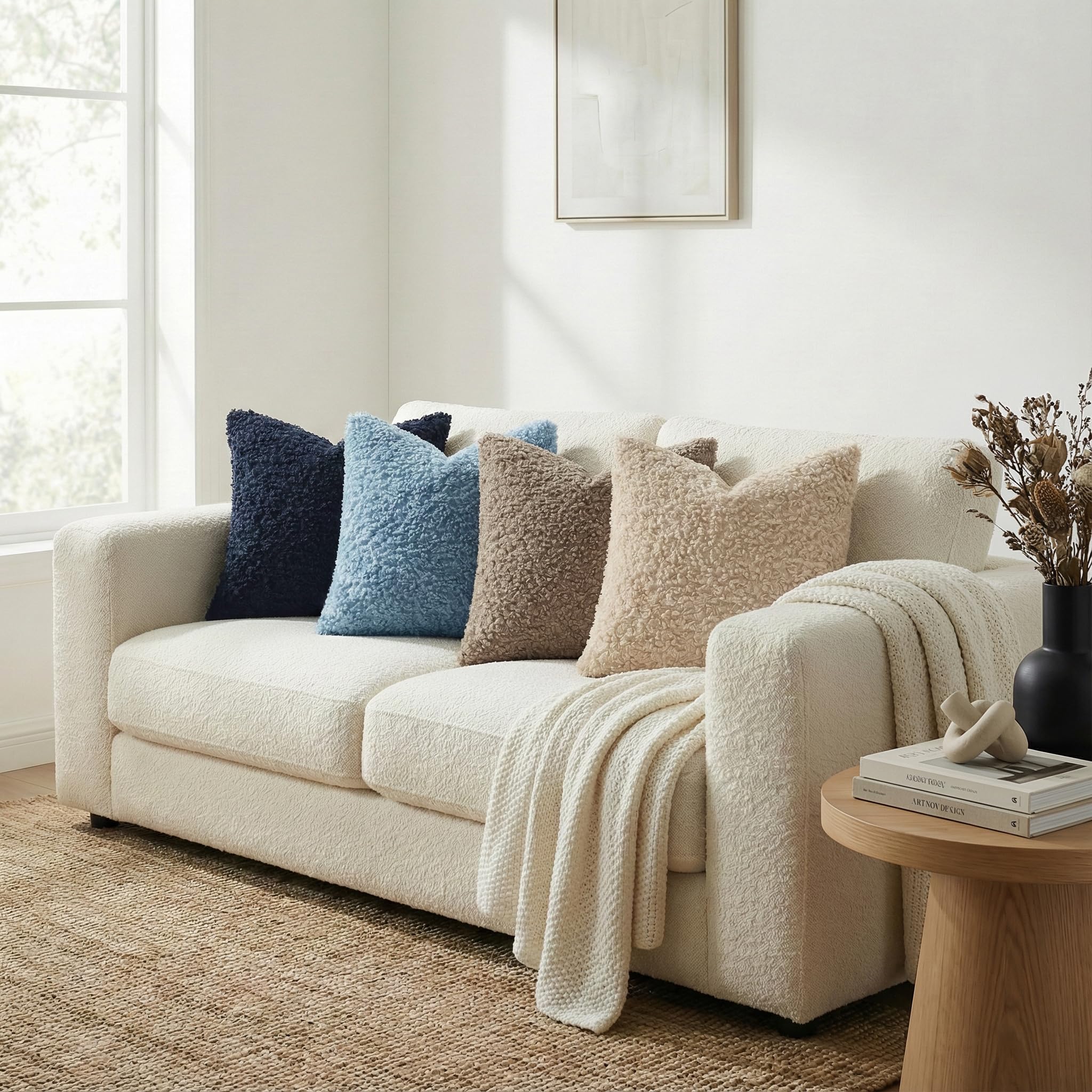 decorUhome Pack of 2 Throw Pillow Covers 18x18 Inch, Faux Fur Decorative Sherpa Pillow Covers Fuzzy Accent Soft Sheepskin Fleece Pillow Cases for Couch Living Room Bed, Neutral Oatmeal