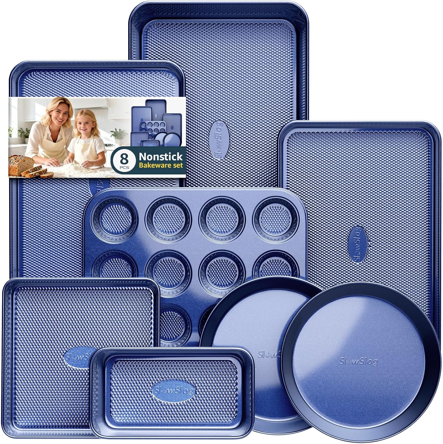 Skiennix 8-Piece Baking Pans Set - Nonstick Bakeware for Oven | Ceramic Coated Blue Cookie & Muffin Pans