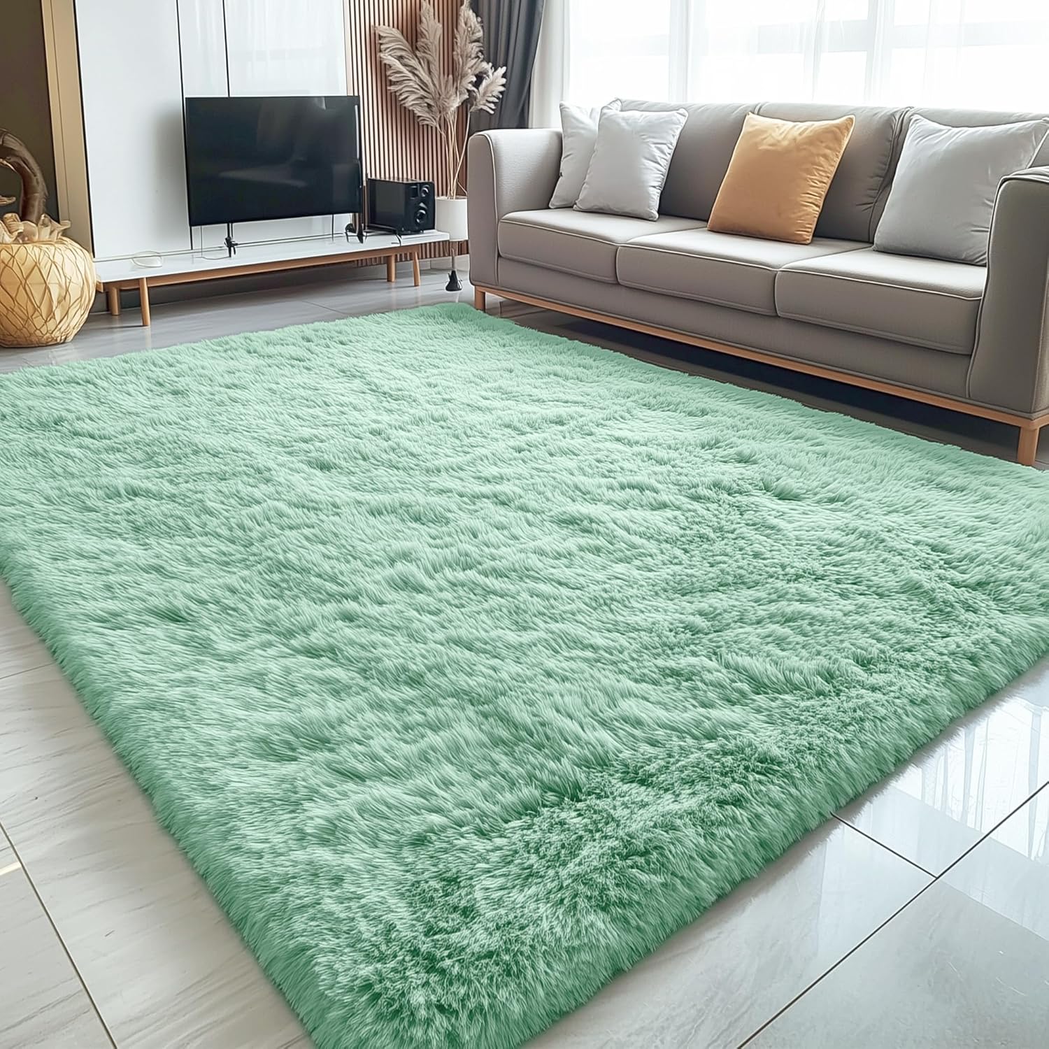 OLANLY Large Area Rug - Soft Fluffy Shaggy Carpet for Living Room & Bedroom | Machine Washable, Mint Green