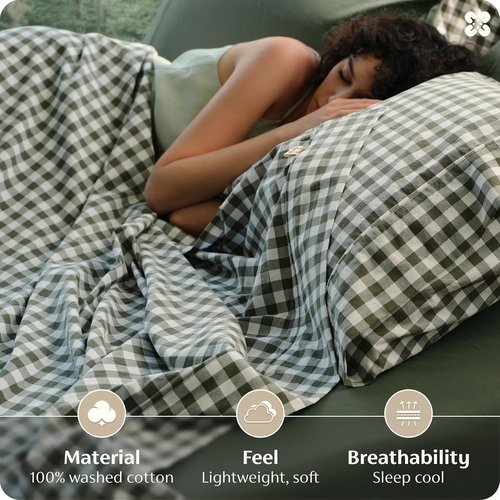 Bedsure 100% Washed Cotton Percale Sheets - Gingham Olive Green Queen Set with 18" Deep Pockets, Soft & Breathable