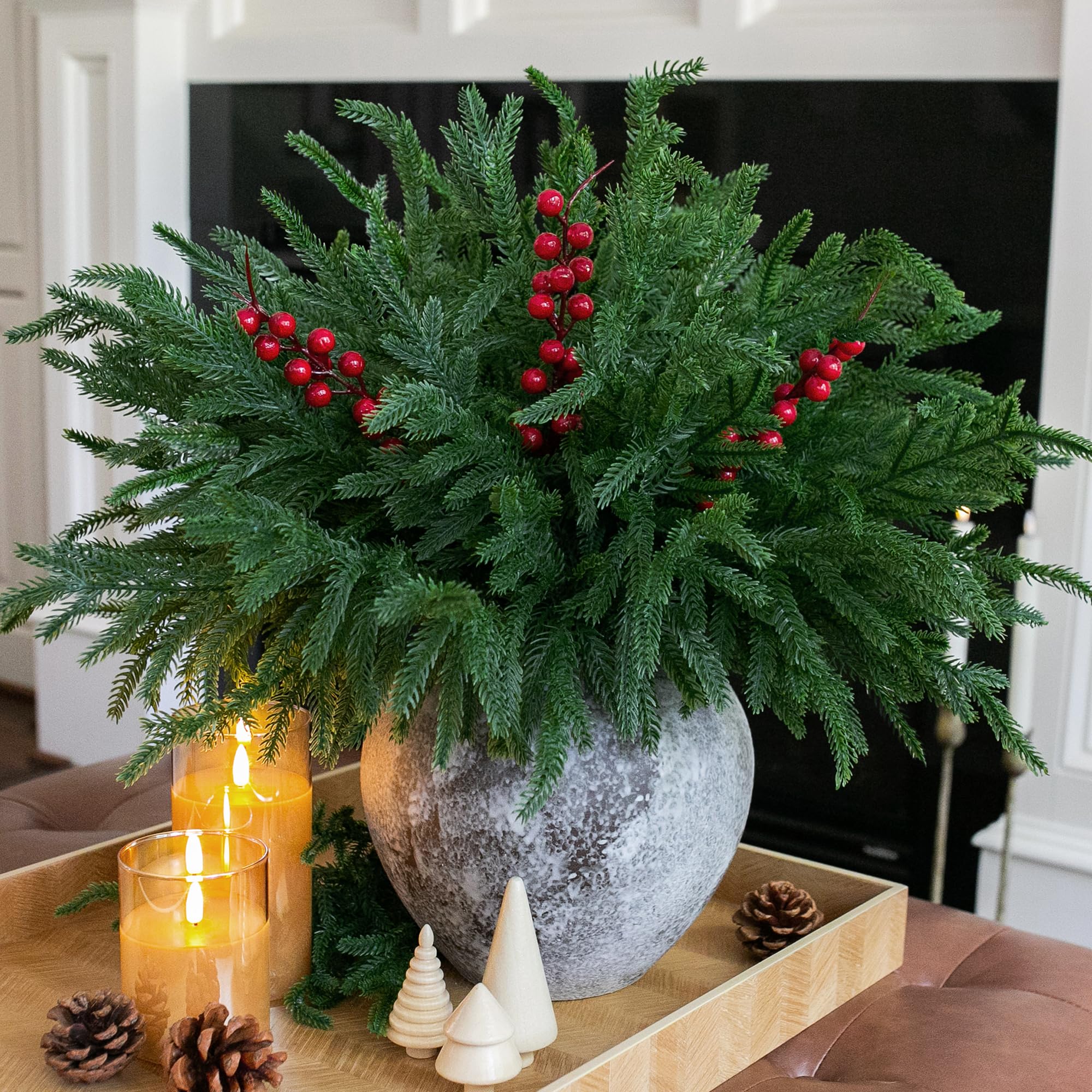 florisso Artificial Faux Christmas Norfolk Pine Stems Branches for Vases,12 Bundles Fake Evergreen Real Touch Greenery Stem with 3 PCS Red Berry Branches for Xmas Holiday Winter Table Indoor Decor