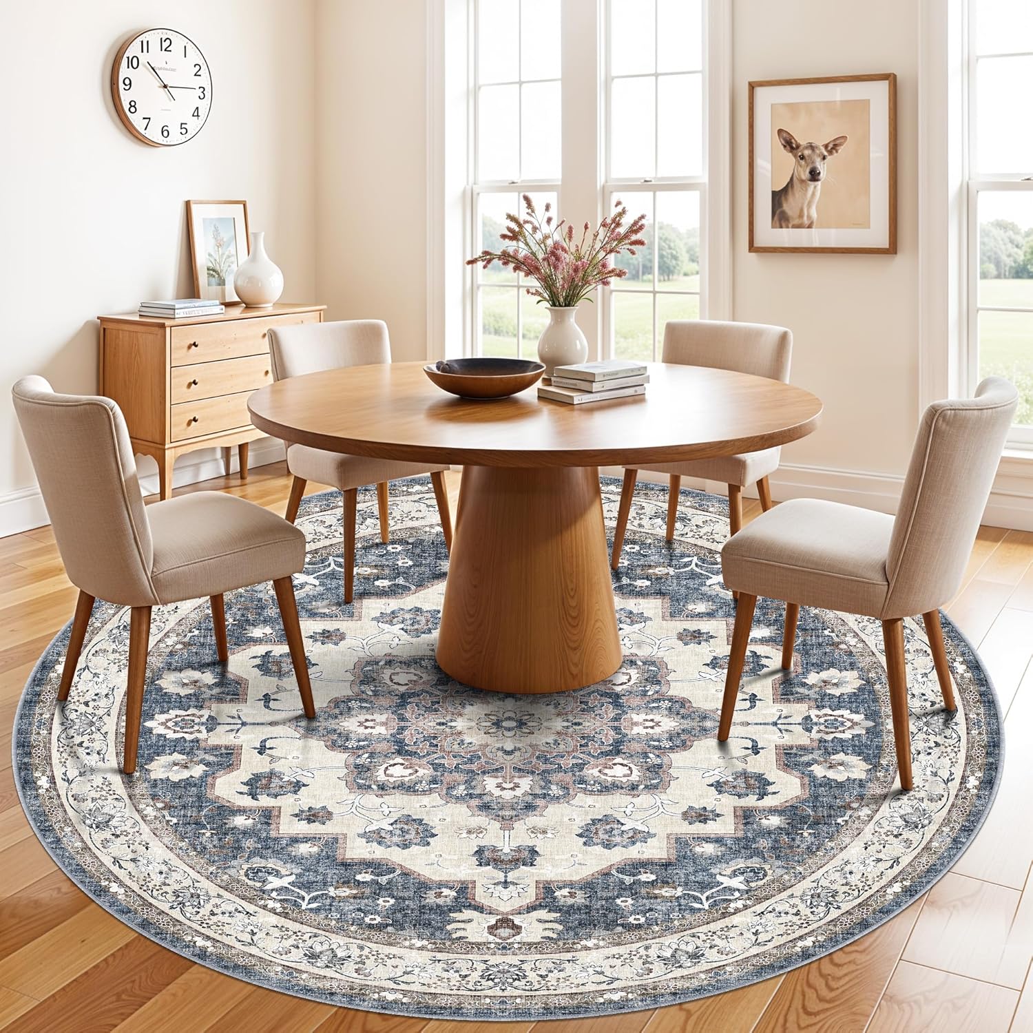 Skiennix Washable Circle Rug - 6ft Round Ultra Thin Soft Carpet | Water Resistant Floral Design in Blue
