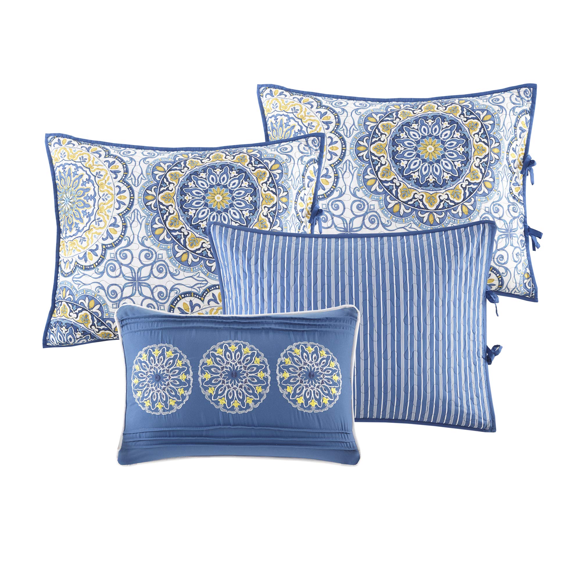 Madison Park Daybed Cover Set-Double Sided Quilting Casual Design All Season Bedding with Bedskirt, Matching Shams, Decorative Pillow, 75"x39", Medallion Blue 6 Piece