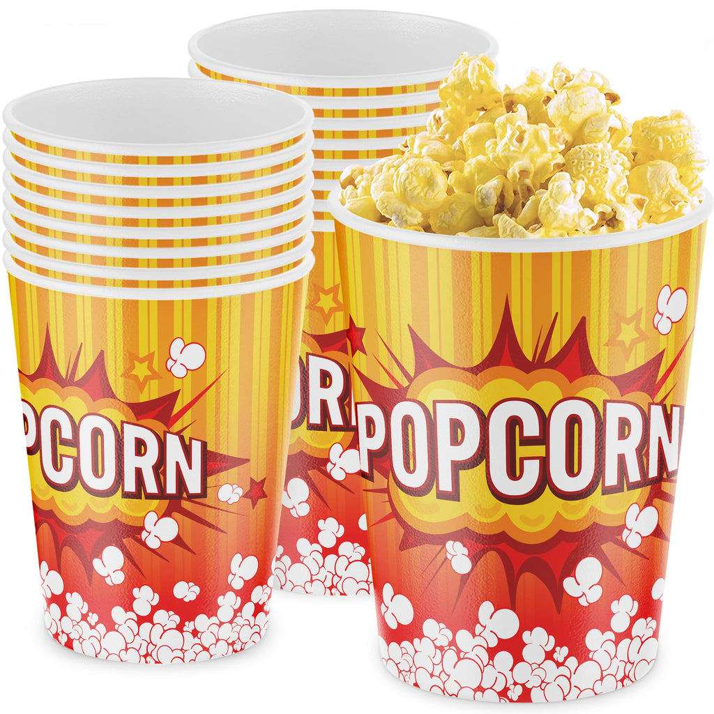 Leakproof, Super Durable 32oz Popcorn Cups 100 Pack. Grease-Proof Disposable Pop Corn Tubs With Cool Design Are the Ultimate Movie Theater Accessory. Large Containers Great for Any Party or Event