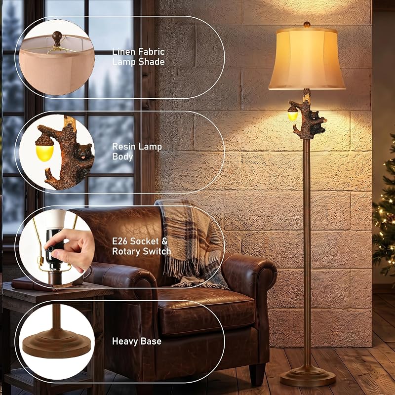 63-Inch Rustic Floor Lamp with Bear Nightlight for Bedroom & Living Room