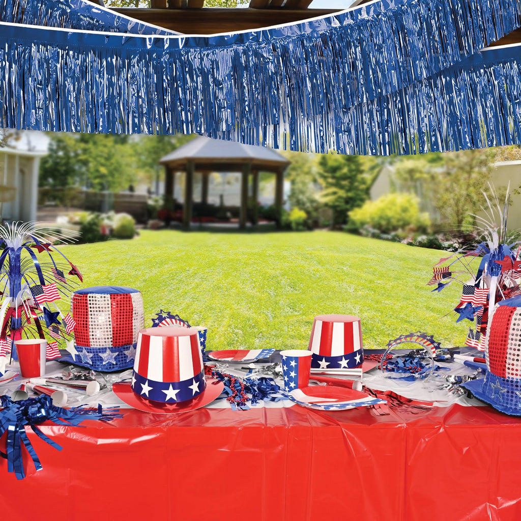 Beistle Metallic Fringe Drape Hanging Curtain, Party Supplies for Walls and Tables, Great for Baby Showers, Game Day, Graduation and Birthday Parties, 15" x 120", Blue