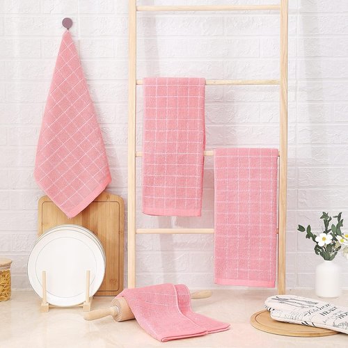 Homaxy Kitchen Towels - 100% Cotton Terry, Soft & Super Absorbent | Checkered Design, Pink, 13 x 28 Inches, 4 Pack