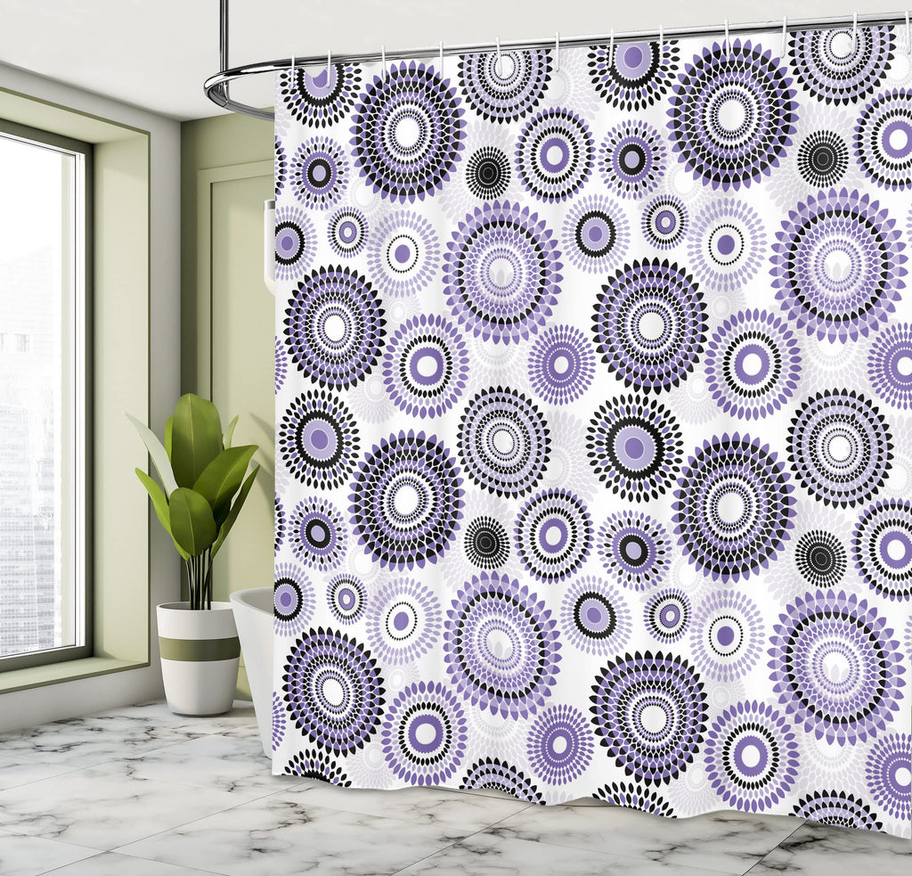 Ambesonne Floral Shower Curtain, Abstract Medallion Pattern Round Shape with Leaves Balls Floral Flowers, Cloth Fabric Bathroom Decor Set with Hooks, 69" W x 75" L, Purple White