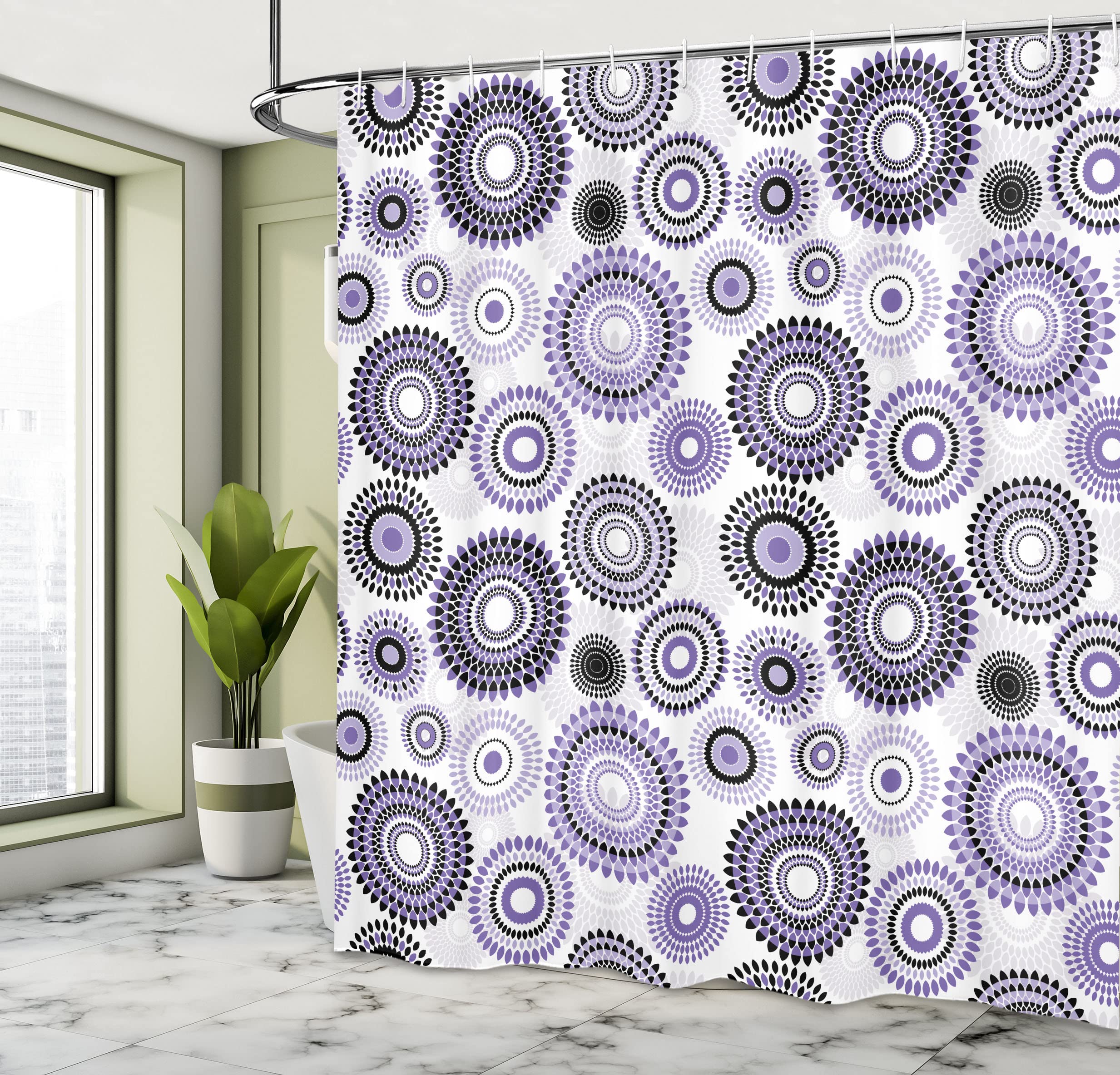 Ambesonne Floral Shower Curtain, Abstract Medallion Pattern Round Shape with Leaves Balls Floral Flowers, Cloth Fabric Bathroom Decor Set with Hooks, 69" W x 75" L, Purple White
