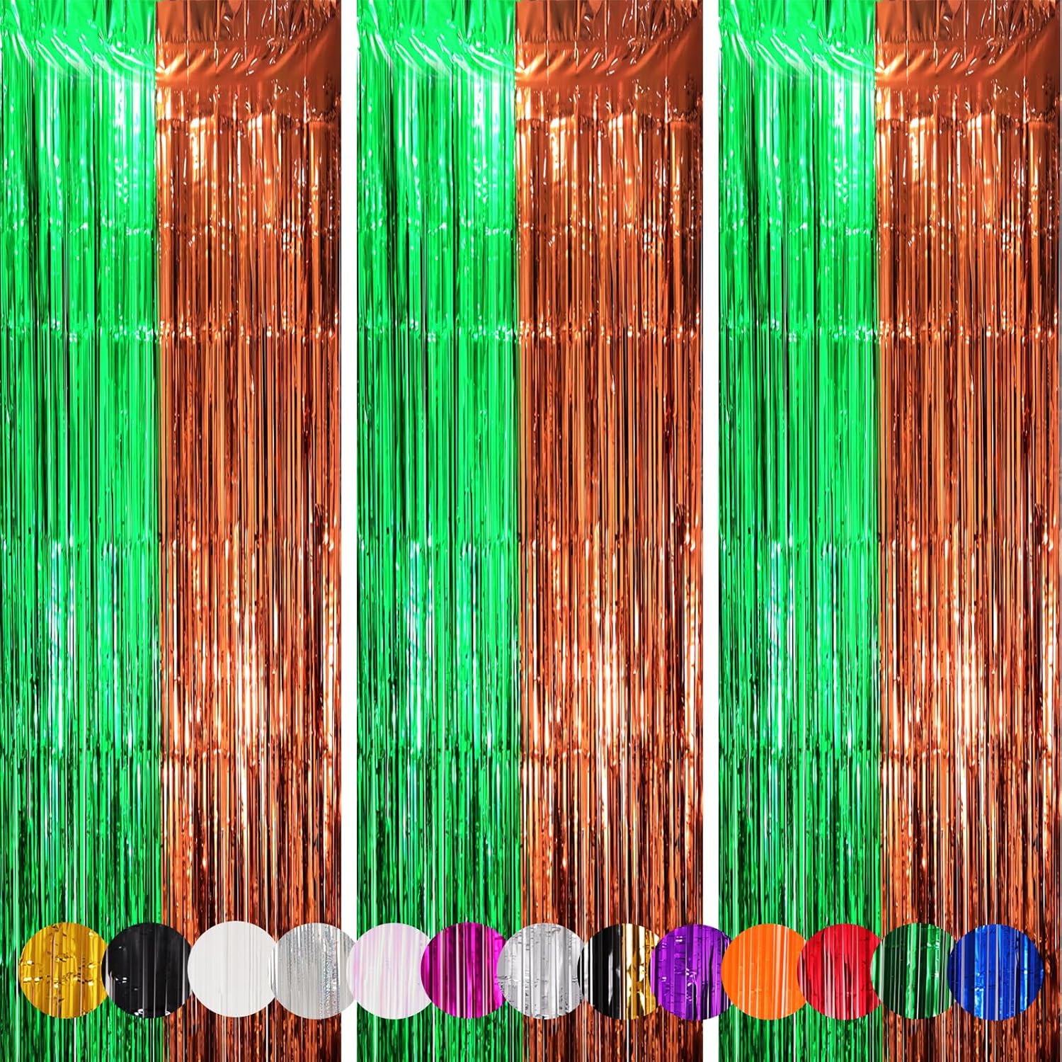 Voircoloria Foil Fringe Backdrop Curtains - 3 Pack Green & Brown Tinsel Streamers for Parties | 3.3 x 8.2 ft