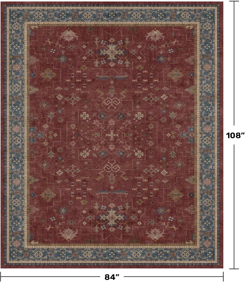 Regine Switzerland Vintage Burgundy Boho Dining Room Rug - Lightweight Washable 7x9 Soft Carpet