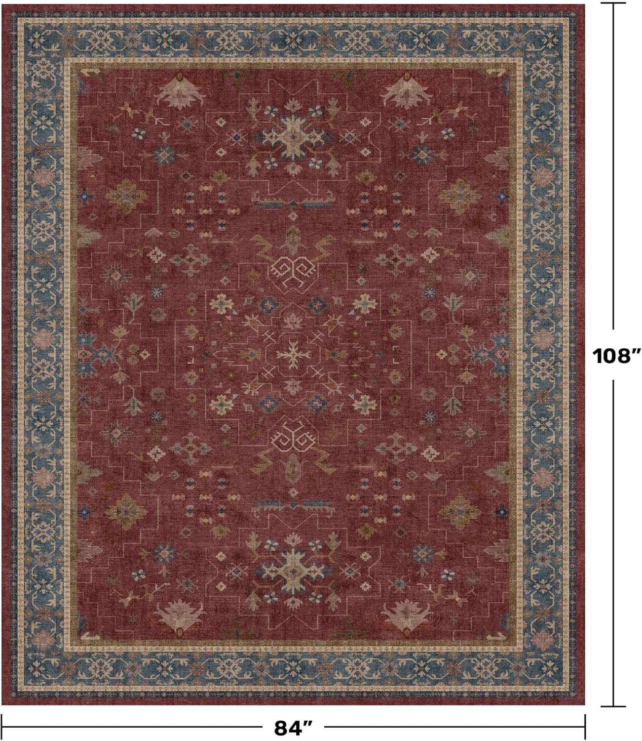 Regine Switzerland Vintage Burgundy Boho Dining Room Rug - Lightweight Washable 7x9 Soft Carpet