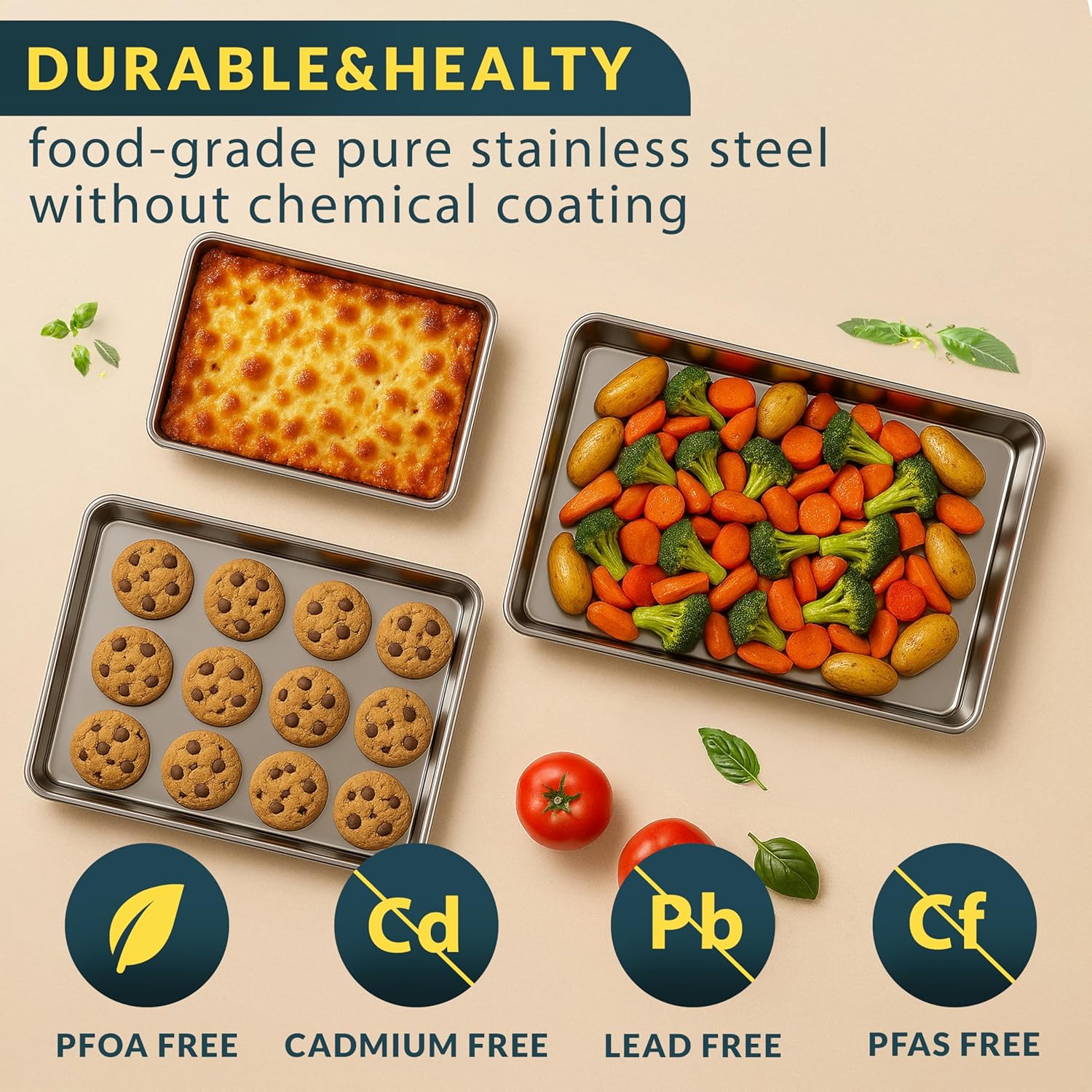 Baker’s Signature Stainless Steel Cookie Sheet Pan Set - Non-Stick, Rust Resistant, 3 Sizes (9/12/16 Inch)