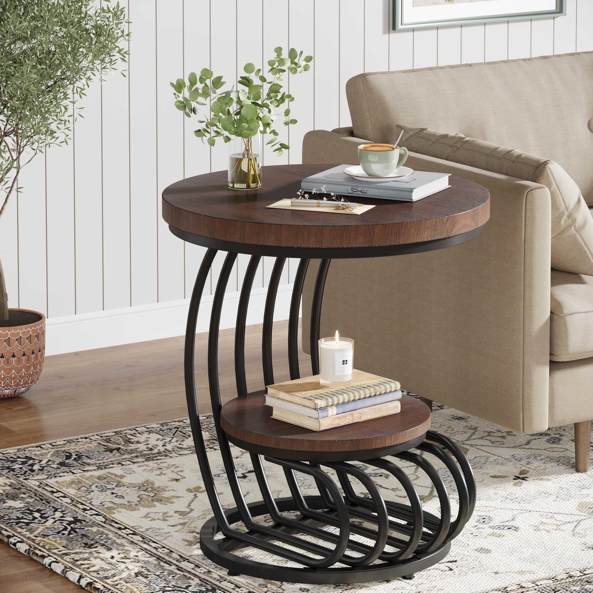 LITTLE TREE Round Side Table, Wood End Table with 2-Tier Storage Shelf, Accent Coffee Table, Creative Curved Metal Frame End Table for Small Spaces, Living Room, Bedroom, Brown + Black