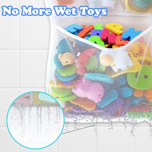 SLONSER Bath Toy Storage, Mesh Bath Tub Toys Holder, Quick Dry Net Bag for Bathtub, Shower Cubby Basket, Hanging Bathroom Organizer with 2 Suction Cups, 2 Adhesive Hooks, 14x20 Inch
