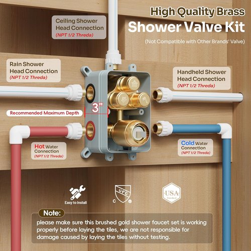 **Regine Switzerland Gold Shower Faucet Set - Brushed Gold 10'' Ceiling & 6'' Wall Mounted Shower Heads | 3-in-1 Handheld Combo**