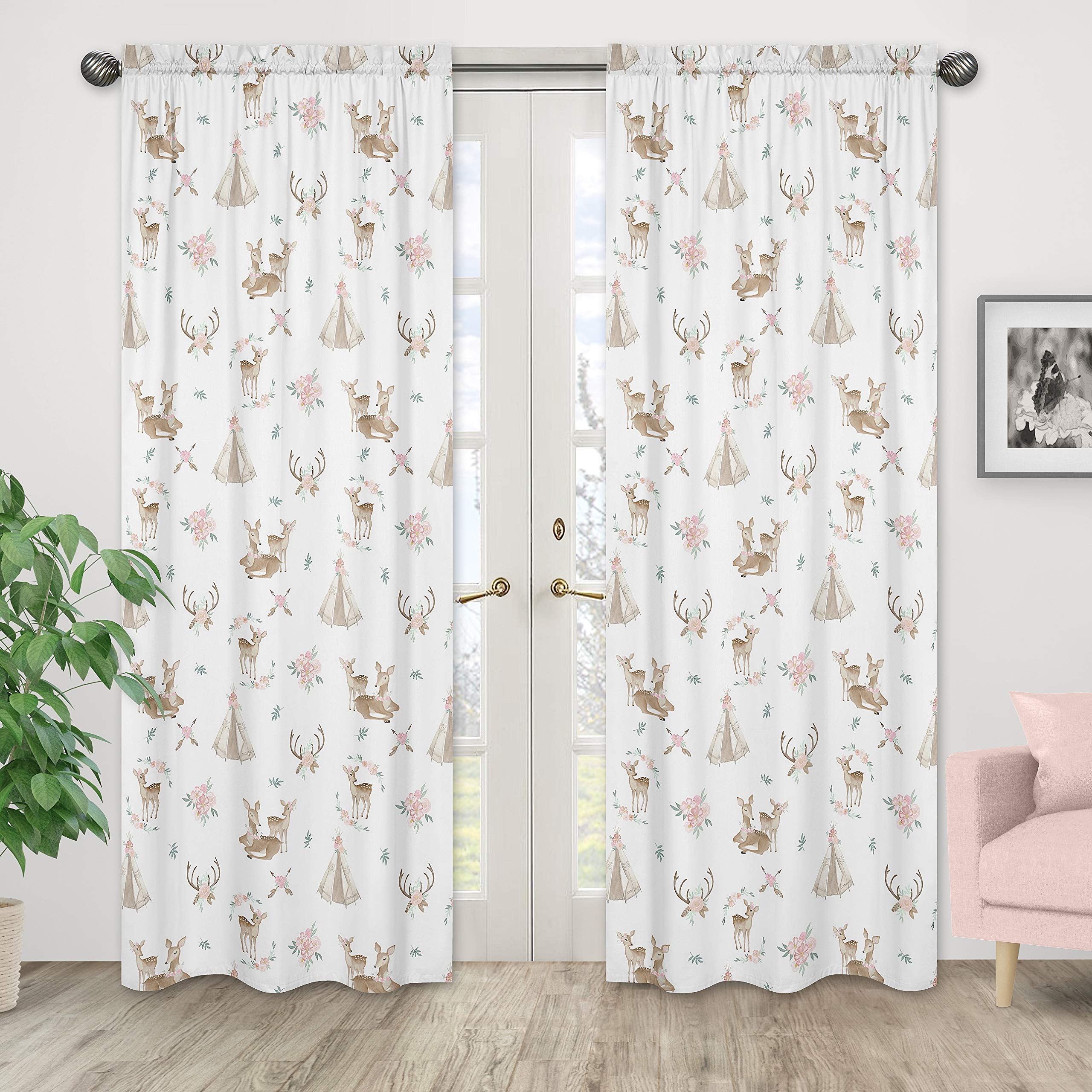 Sweet Jojo Designs Blush Pink, Mint Green and White Boho Window Treatment Panels Curtains for Woodland Deer Floral Collection - Set of 2