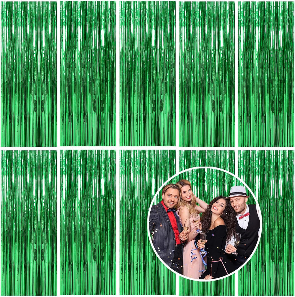 Skiennix Green Metallic Tinsel Foil Fringe Curtains - 10 Pack Photo Booth Backdrop for Parties & Celebrations