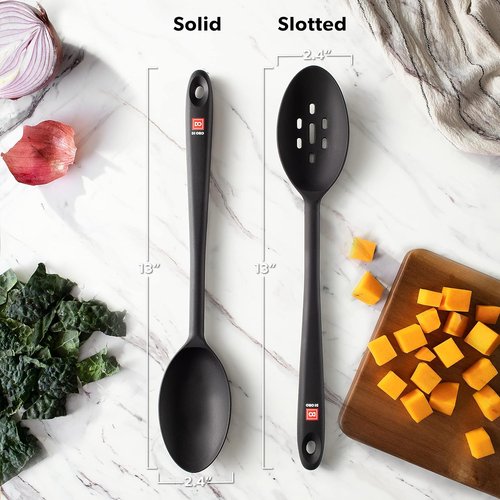 DI ORO Silicone Cooking Spoons - Heat-Resistant Utensils for Mixing & Serving - 600°F, Dishwasher Safe (2pc, Black)