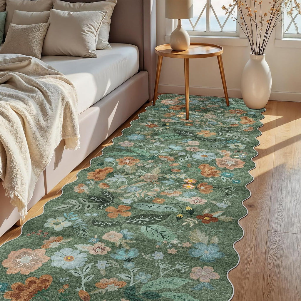 Skiennix Washable Hallway Runner Rug - Floral Scalloped Design | Non-Slip, Water-Resistant, Lightweight (3x10 Green)