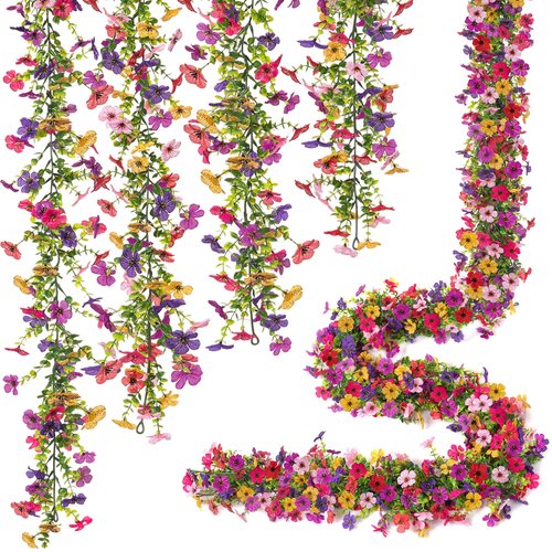 Ammyoo Artificial Flowers Garland Ivy, 4 Pack 5.9 FT Spring Summer Decor UV Resistant Fake Mums Floral Vine Silk Daisy Hanging Flower for Home Garden Wedding Decor Photo Booth Backdrop(Mix)