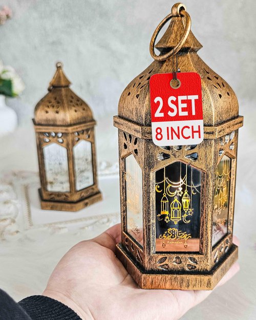 OLEEK Ramadan Lantern Lights (2PCs-8in)- Ramadan Decorations for Home 2026 - Ramadan Decor - Ramadan Lights - Ramadan Lanterns Decorative - Ramadan Lanterns for Kids - Ramadan Decoration فانوس رمضان