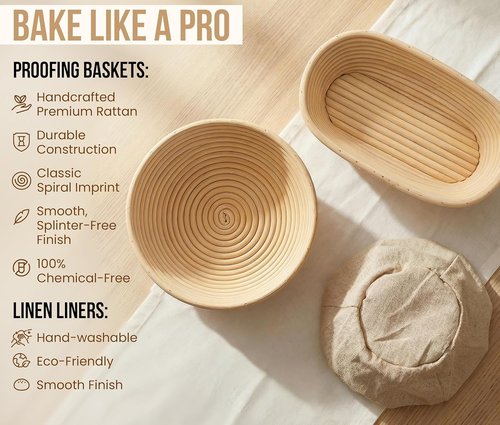 Kook Banneton Bread Proofing Set - Artisan Sourdough Kit with Rattan Baskets & Tools | Set of 2