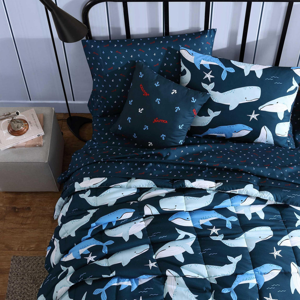 Nautica Kids - Finnian Whales Navy Kids Comforter Set, Soft Bedding with Matching Shams & Throw Pillow, 4-Piece, Navy, Full/Queen
