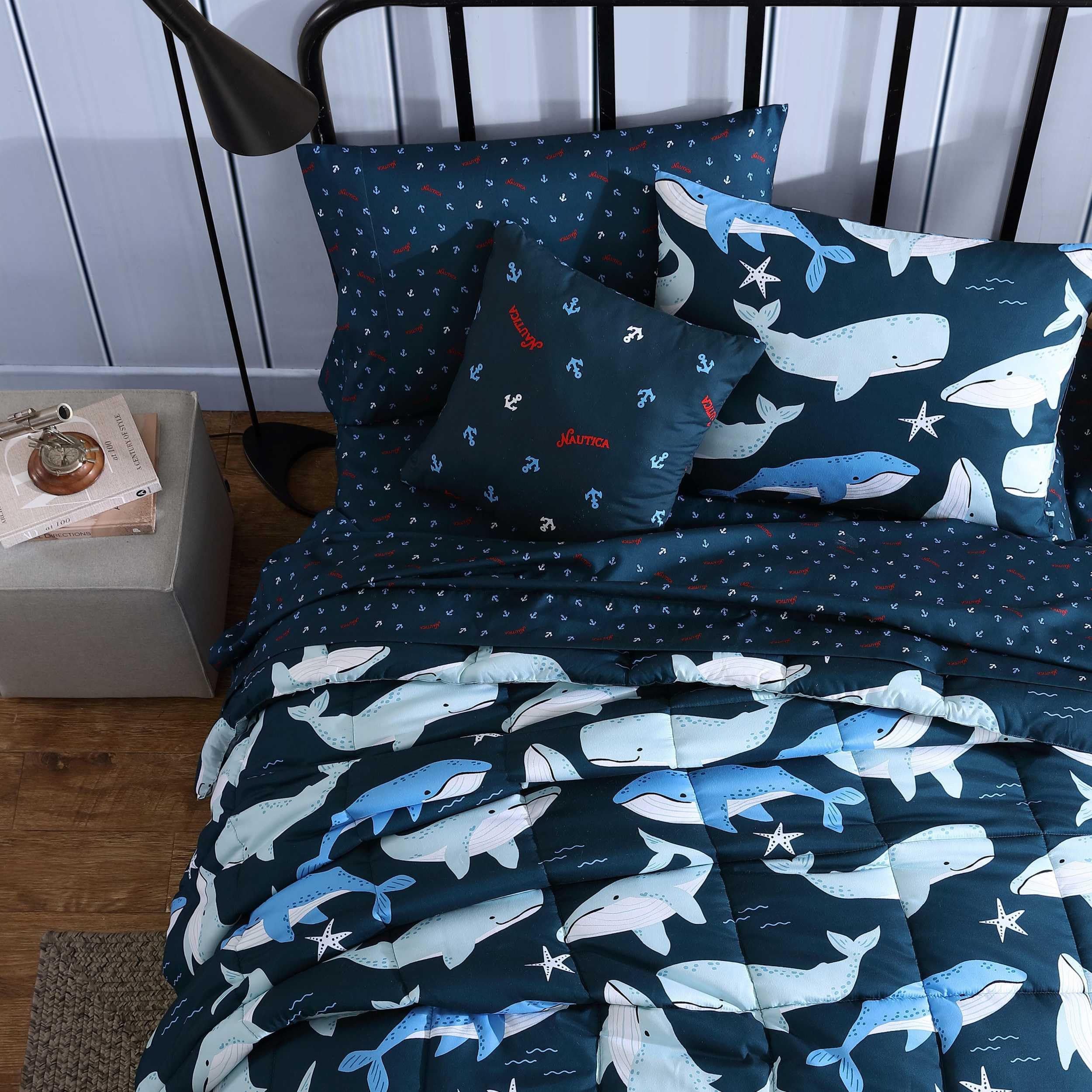 Nautica Kids - Finnian Whales Navy Kids Comforter Set, Soft Bedding with Matching Shams & Throw Pillow, 4-Piece, Navy, Full/Queen