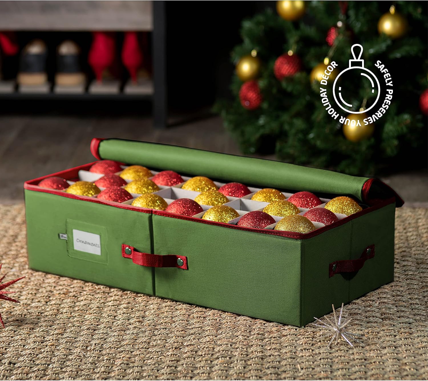 ZOBER Christmas Ornament Storage Box - Holds 64 Ornaments with Dividers - Durable Tear-Proof 600D Oxford Fabric - Green